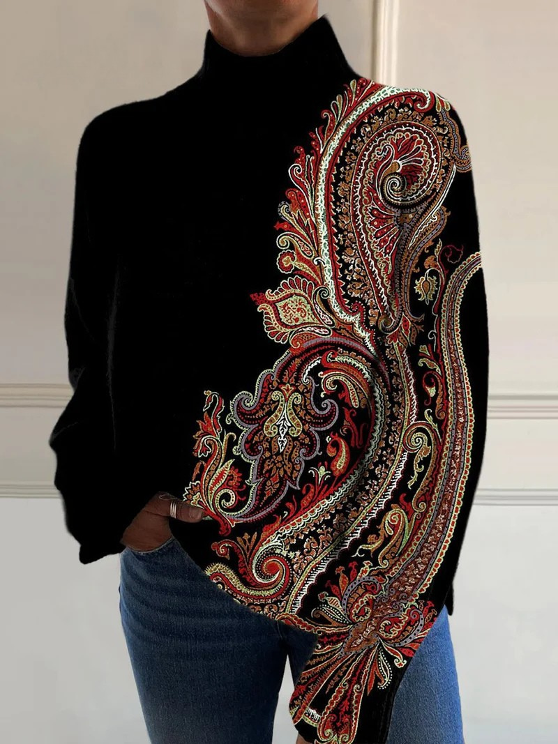 Sweater with Retro Pattern and Long Sleeves